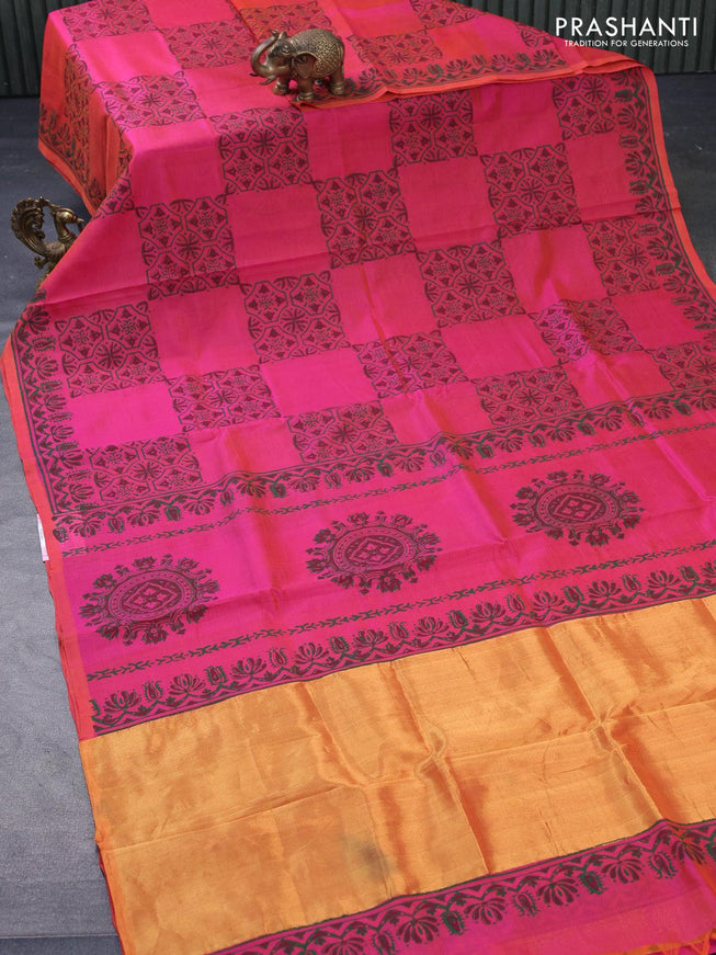 Silk cotton block printed saree dual shade of pink and orange with butta prints and piping border