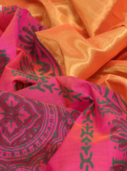 Silk cotton block printed saree dual shade of pink and orange with butta prints and piping border