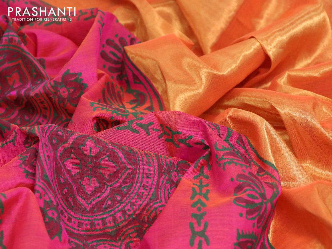 Silk cotton block printed saree dual shade of pink and orange with butta prints and piping border