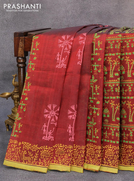 Silk cotton block printed saree maroon and green with warli prints and printed border