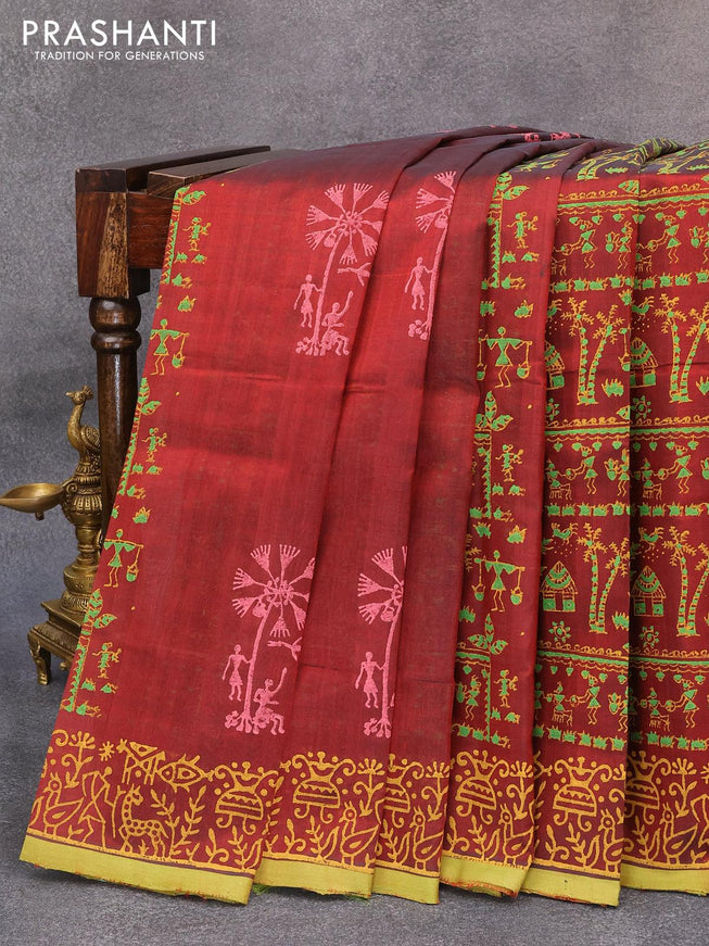 Silk cotton block printed saree maroon and green with warli prints and printed border