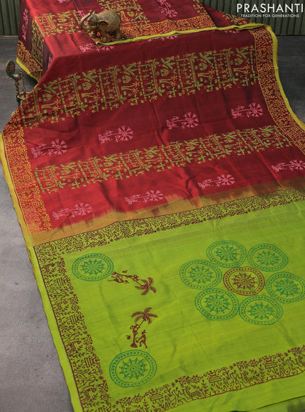 Silk cotton block printed saree maroon and green with warli prints and printed border