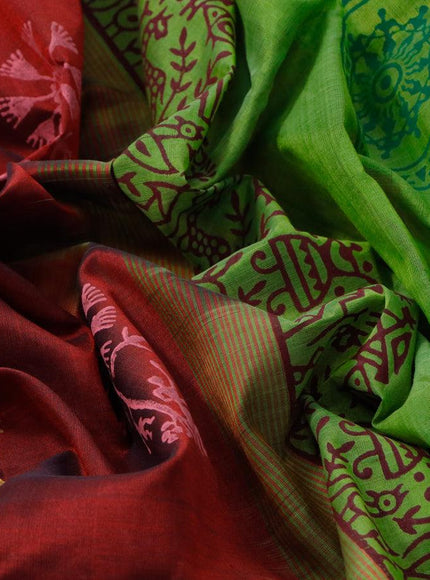 Silk cotton block printed saree maroon and green with warli prints and printed border