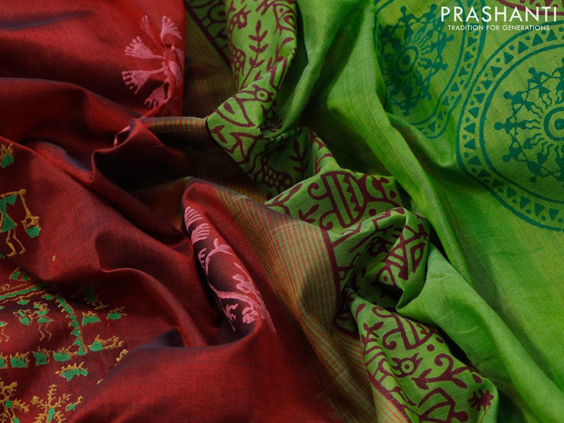 Silk cotton block printed saree maroon and green with warli prints and printed border