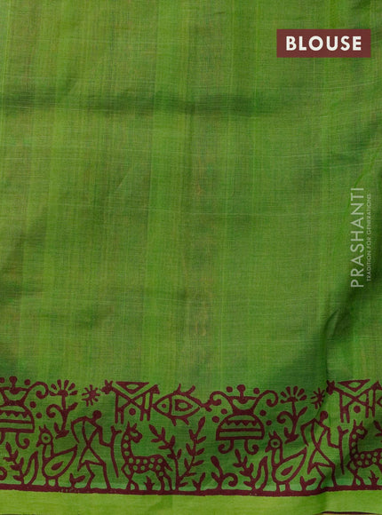 Silk cotton block printed saree maroon and green with warli prints and printed border