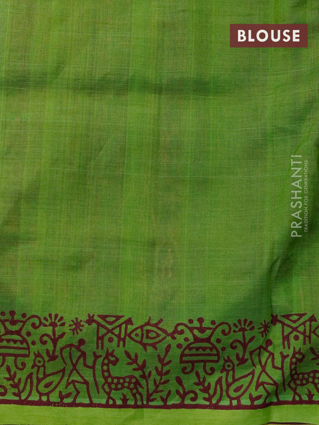 Silk cotton block printed saree maroon and green with warli prints and printed border