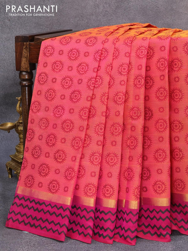 Silk cotton block printed saree dual shade of pink and magenta pink with allover butta printa and zari woven printed border