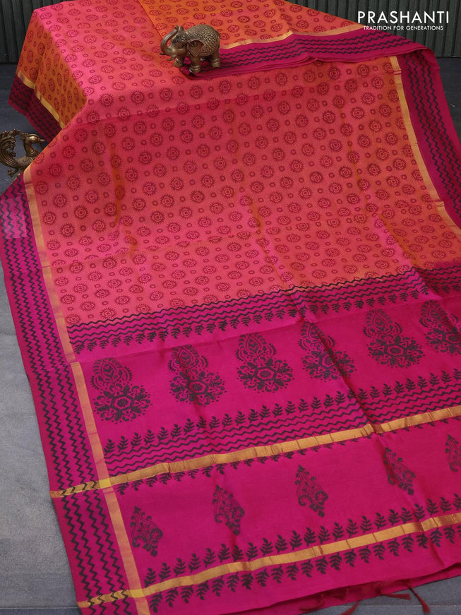 Silk cotton block printed saree dual shade of pink and magenta pink with allover butta printa and zari woven printed border