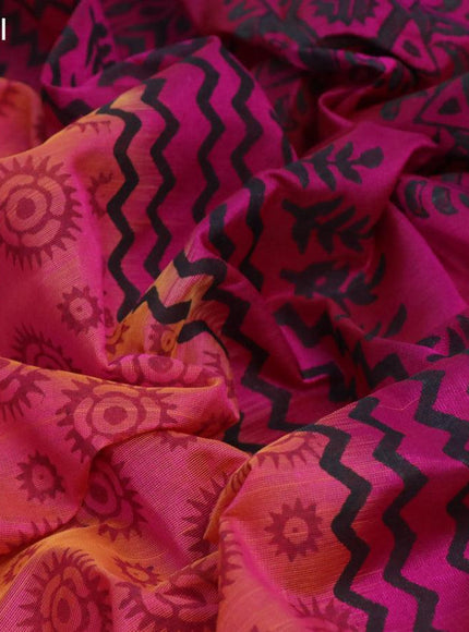 Silk cotton block printed saree dual shade of pink and magenta pink with allover butta printa and zari woven printed border