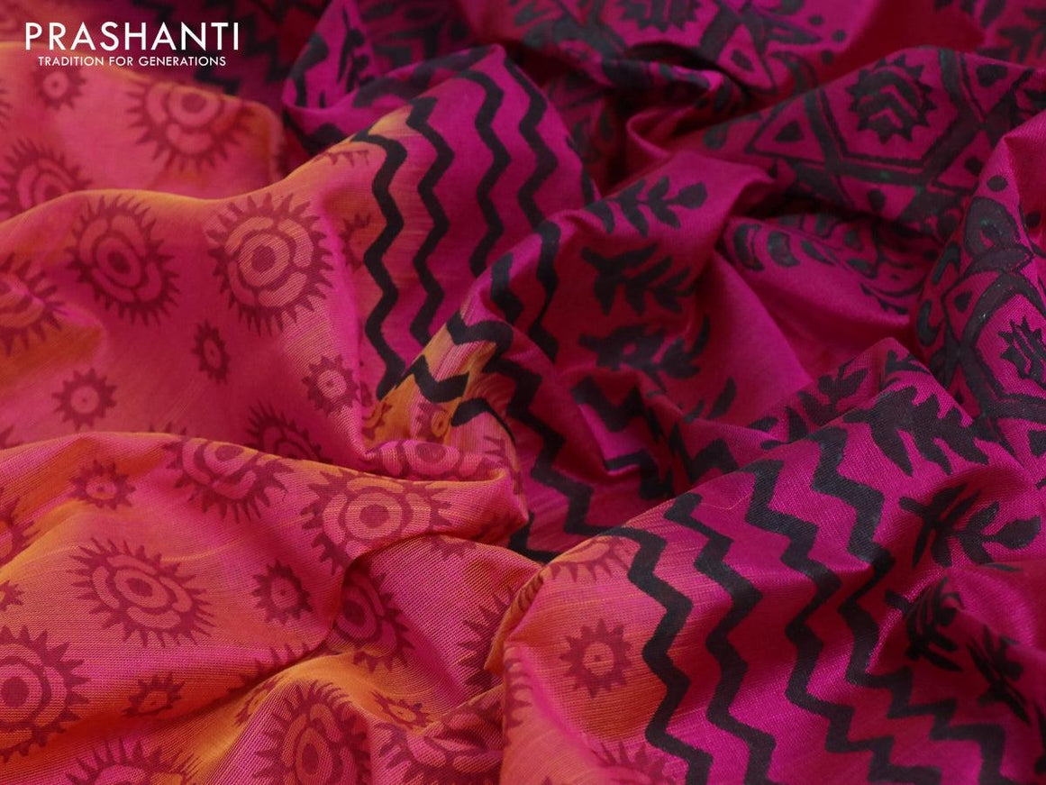 Silk cotton block printed saree dual shade of pink and magenta pink with allover butta printa and zari woven printed border