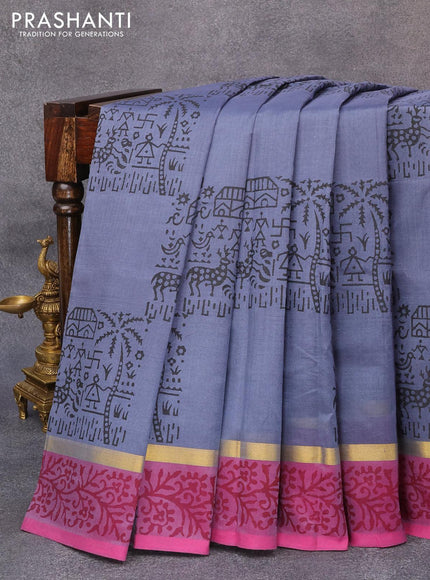 Silk cotton block printed saree grey and pink with warli prints and zari woven printed border