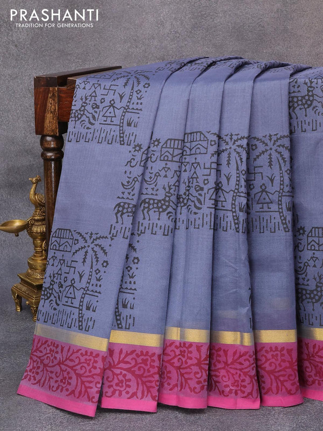 Silk cotton block printed saree grey and pink with warli prints and zari woven printed border