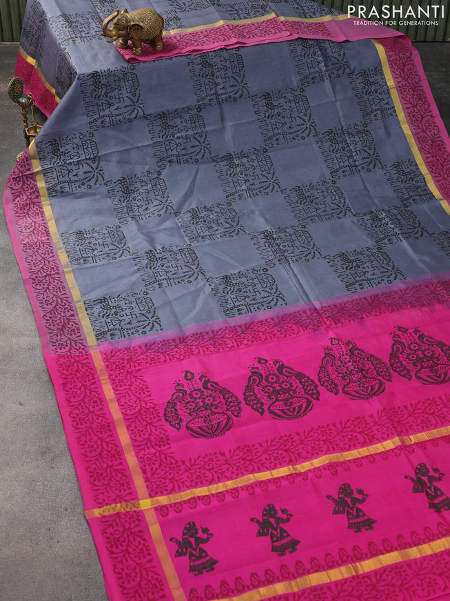 Silk cotton block printed saree grey and pink with warli prints and zari woven printed border