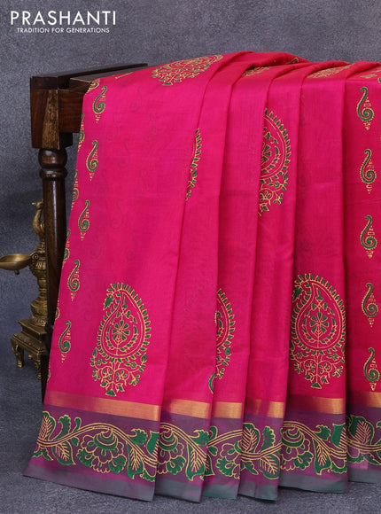 Silk cotton block printed saree pink and light green with allover butta printa and zari woven printed border