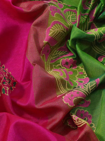 Silk cotton block printed saree pink and light green with allover butta printa and zari woven printed border