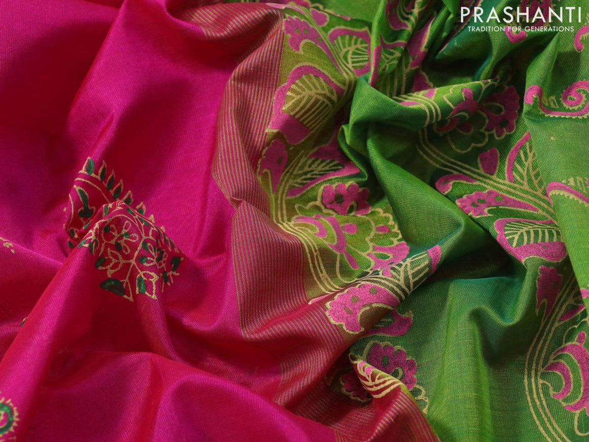 Silk cotton block printed saree pink and light green with allover butta printa and zari woven printed border