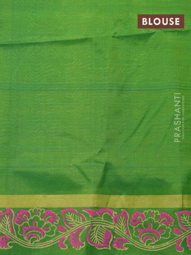 Silk cotton block printed saree pink and light green with allover butta printa and zari woven printed border