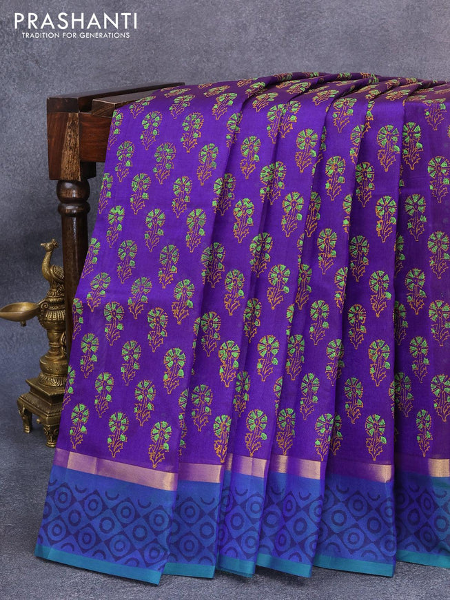 Silk cotton block printed saree blue and green with allover floral butta prints and zari woven printed border