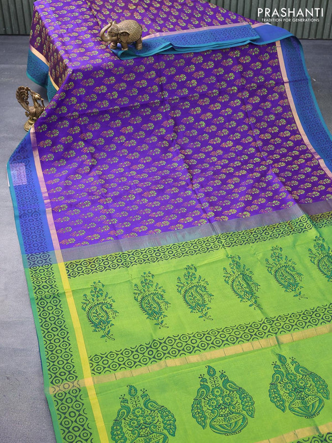 Silk cotton block printed saree blue and green with allover floral butta prints and zari woven printed border