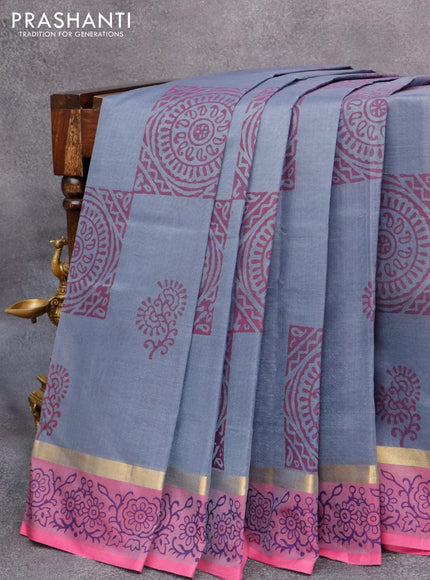 Silk cotton block printed saree grey and pink with butta prints and zari woven printed border