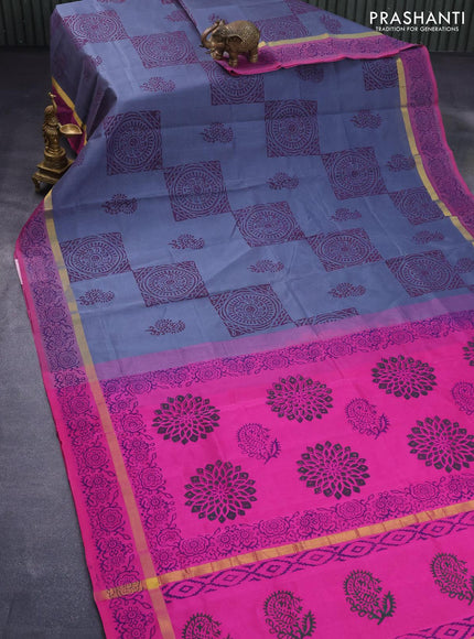 Silk cotton block printed saree grey and pink with butta prints and zari woven printed border