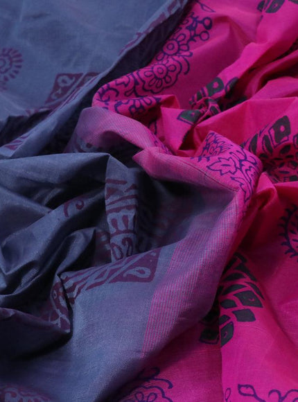 Silk cotton block printed saree grey and pink with butta prints and zari woven printed border