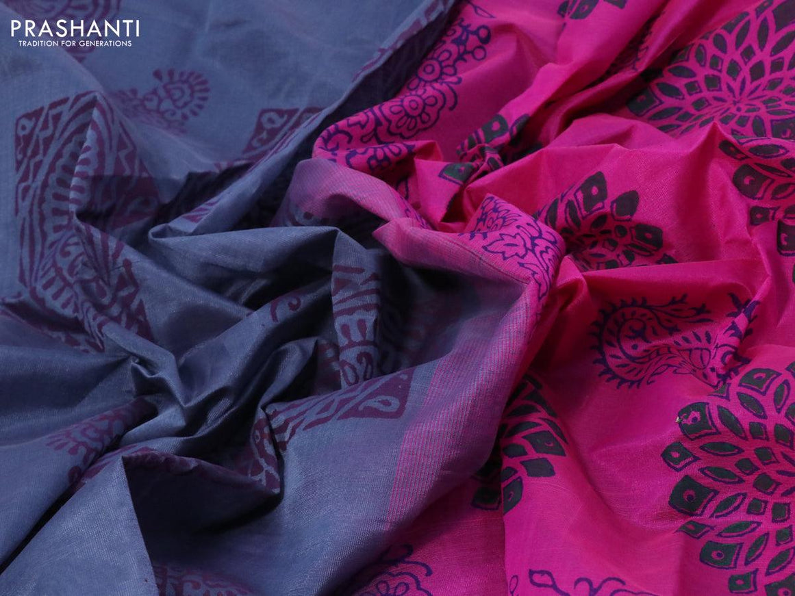 Silk cotton block printed saree grey and pink with butta prints and zari woven printed border