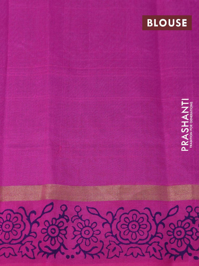 Silk cotton block printed saree grey and pink with butta prints and zari woven printed border