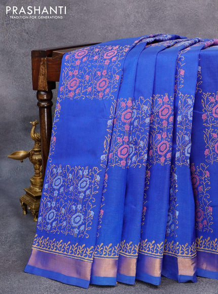 Silk cotton block printed saree blue with allover box type butta prints and zari woven border