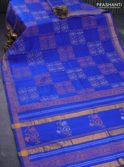 Silk cotton block printed saree blue with allover box type butta prints and zari woven border