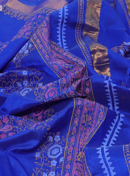 Silk cotton block printed saree blue with allover box type butta prints and zari woven border