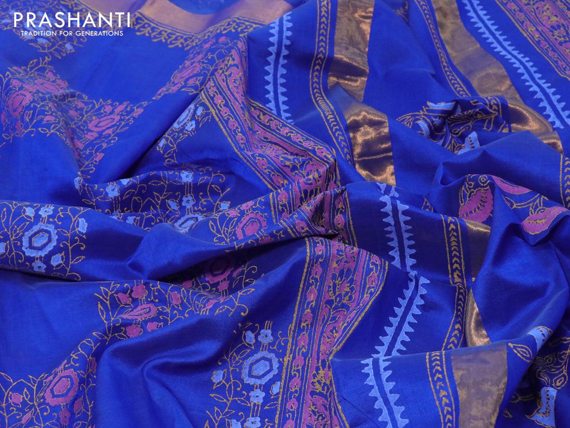 Silk cotton block printed saree blue with allover box type butta prints and zari woven border