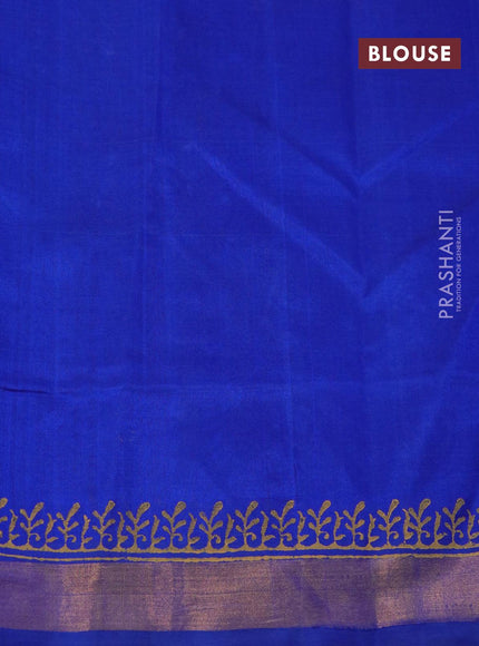 Silk cotton block printed saree blue with allover box type butta prints and zari woven border