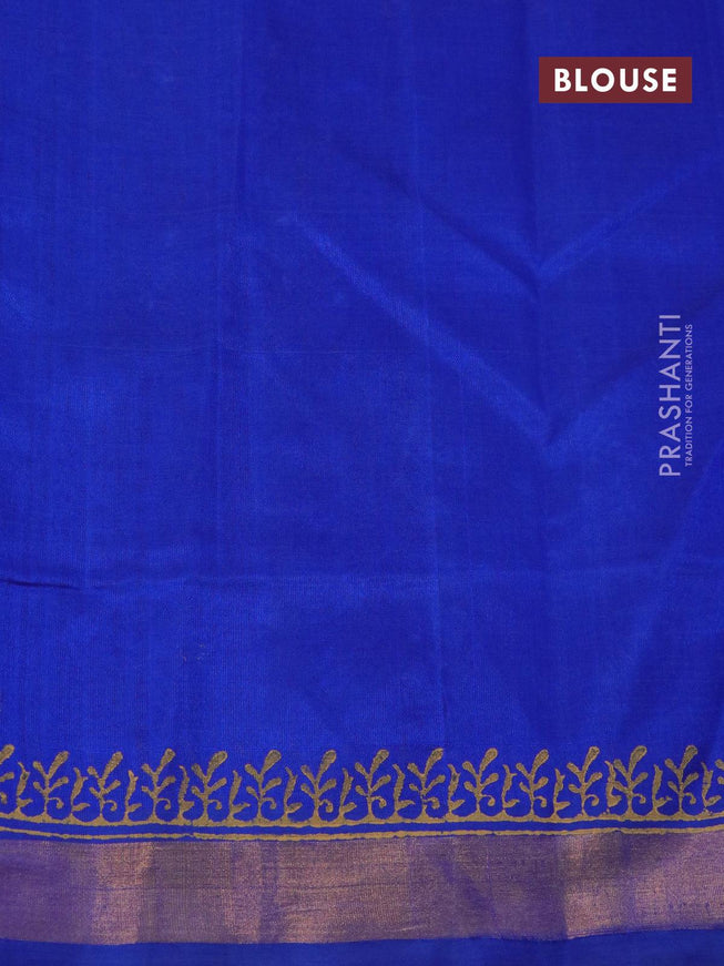 Silk cotton block printed saree blue with allover box type butta prints and zari woven border