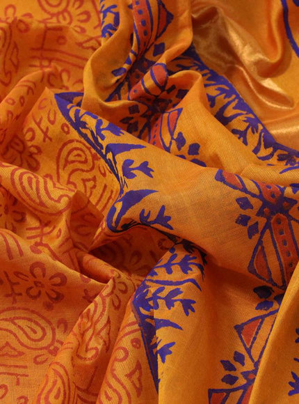 Silk cotton block printed saree mustard yellow with allover prints and zari woven border