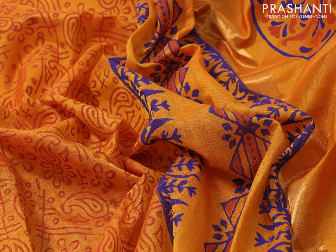 Silk cotton block printed saree mustard yellow with allover prints and zari woven border