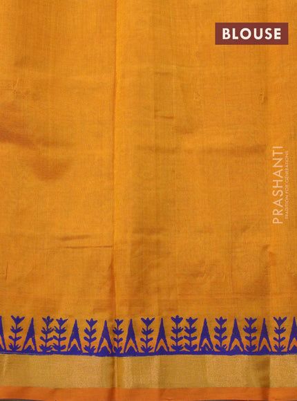 Silk cotton block printed saree mustard yellow with allover prints and zari woven border