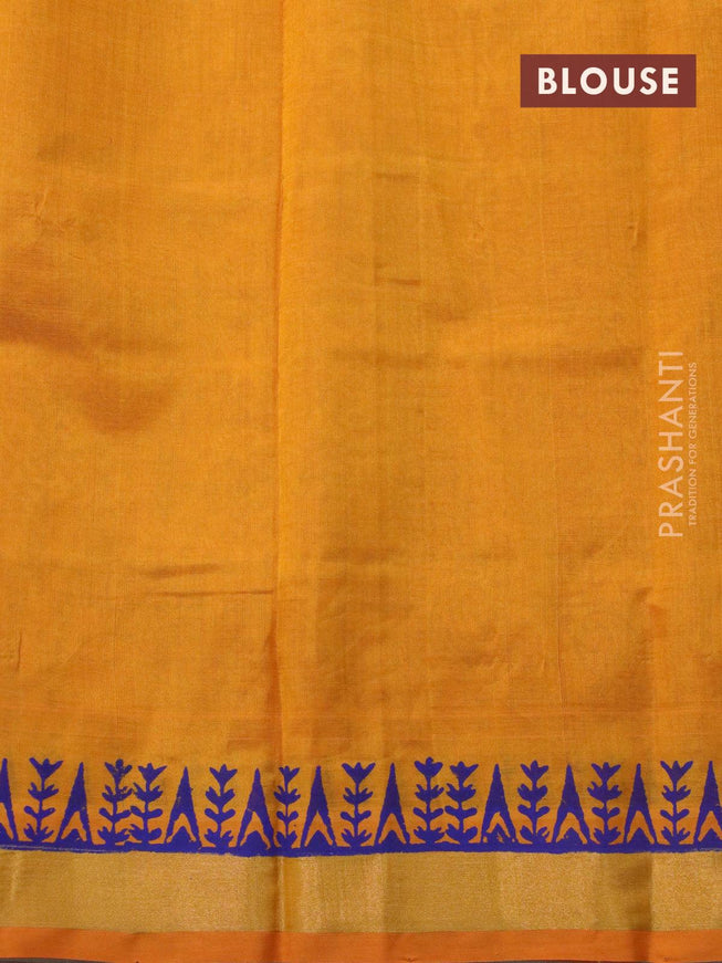 Silk cotton block printed saree mustard yellow with allover prints and zari woven border