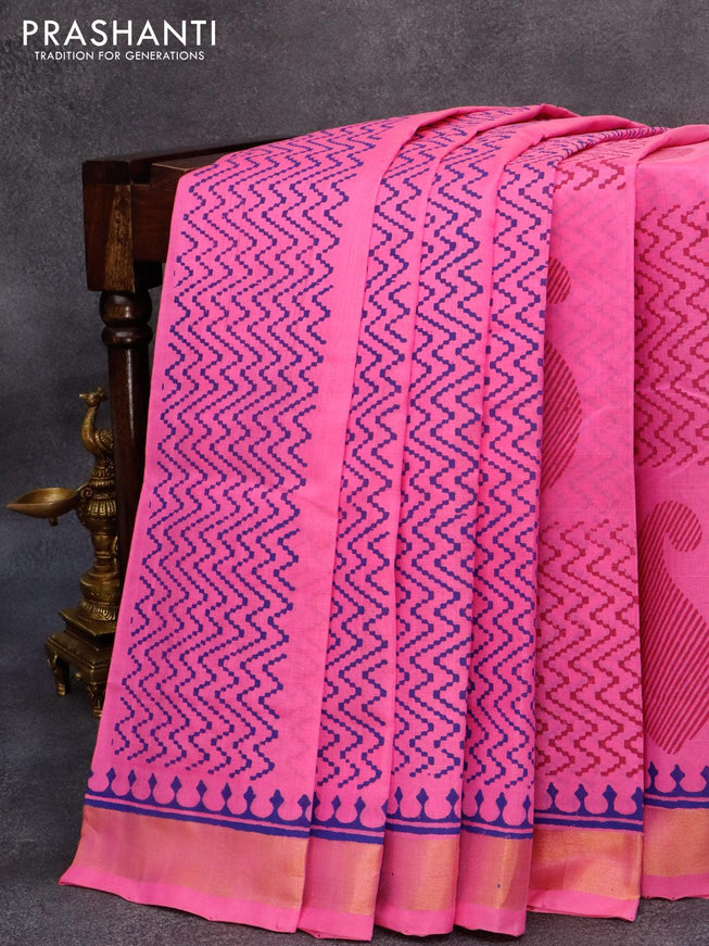 Silk cotton block printed saree pink with allover prints and zari woven border