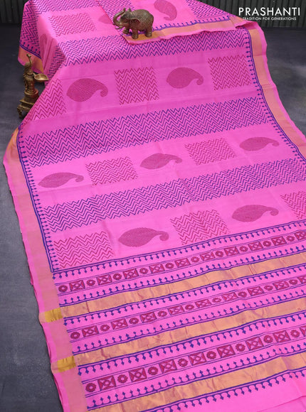 Silk cotton block printed saree pink with allover prints and zari woven border