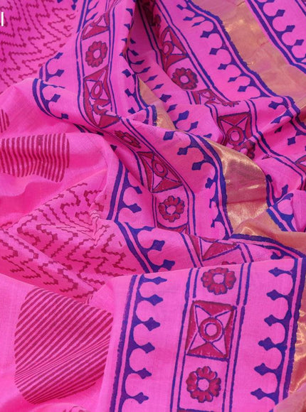 Silk cotton block printed saree pink with allover prints and zari woven border