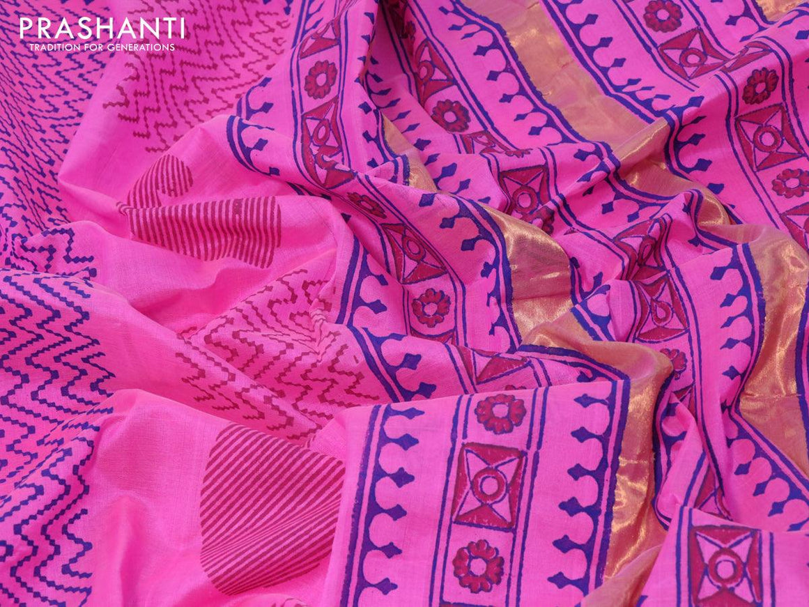 Silk cotton block printed saree pink with allover prints and zari woven border