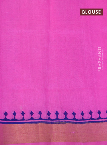 Silk cotton block printed saree pink with allover prints and zari woven border