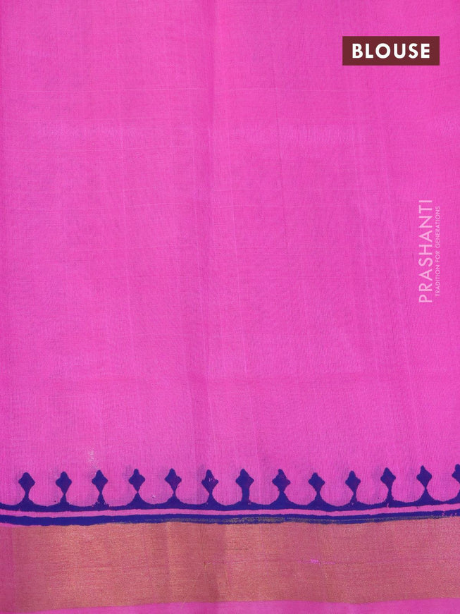 Silk cotton block printed saree pink with allover prints and zari woven border