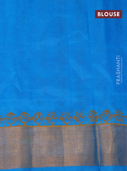 Silk cotton block printed saree cs blue with allover prints and zari woven border