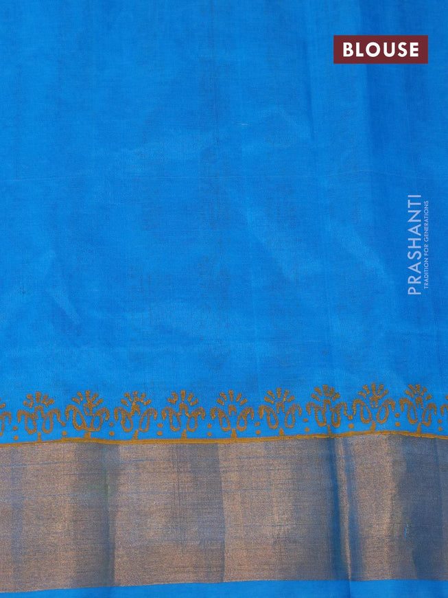 Silk cotton block printed saree cs blue with allover prints and zari woven border