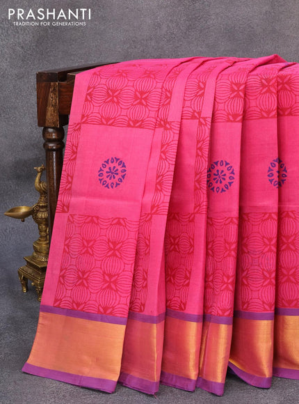 Silk cotton block printed saree pink and blue with allover prints and zari woven border