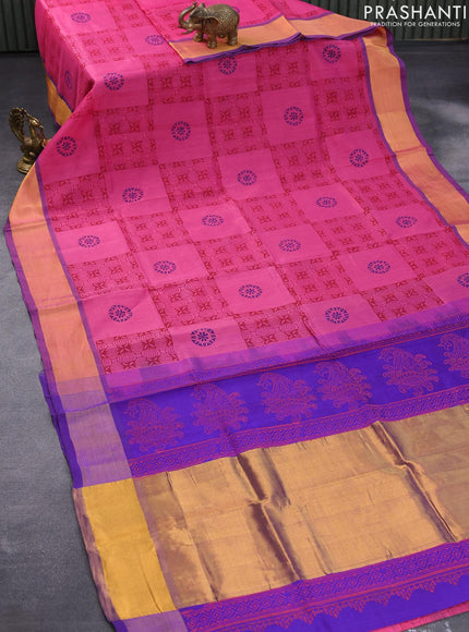 Silk cotton block printed saree pink and blue with allover prints and zari woven border