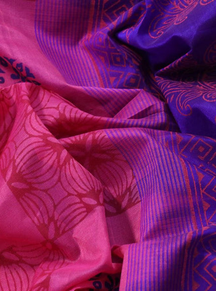 Silk cotton block printed saree pink and blue with allover prints and zari woven border