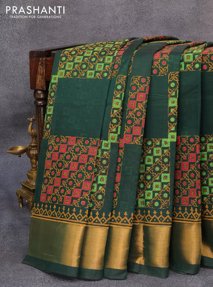 Silk cotton block printed saree bottle green with box type butta prints and zari woven border